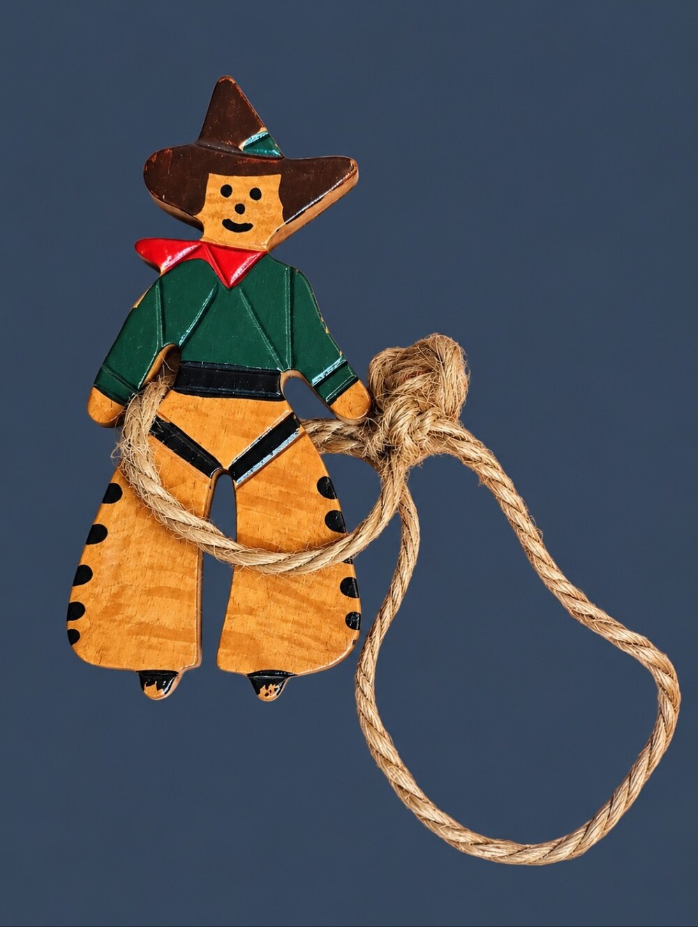 Vintage Handpainted Wooden Cowboy with Lasso Brooch Pin
